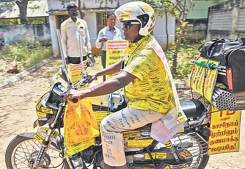 K Subramanian, fondly called ‘Awareness Appa’,  during his campaign in Tiruchy on Tuesday  | express