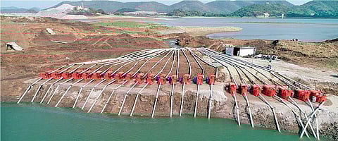 Downstream dewatering works under progress at Polavaram site in West Godavari district. (Photo | EPS)