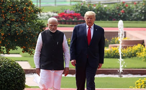 U.S. President Donald Trump and Indian Prime Minister Narendra Modi arrive for a joint press statement at the Hyderabad House in New Delhi on Tuesday Feb. 25 2020.  (Photo | Shekhar Yadav/EPS)