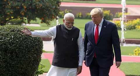 U.S. President Donald Trump and Indian Prime Minister Narendra Modi arrive for a joint press statement at the Hyderabad House in New Delhi on Tuesday Feb. 25 2020. (Photo | Shekhar Yadav/EPS)