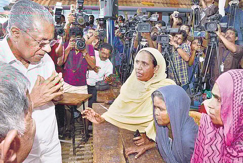 Chief Minister Pinarayi Vijayan visiting a flood relief camp at Meppadi in Wayanad (File Photo | EPS)