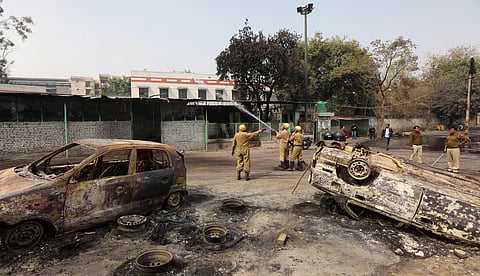 Firemen try to control blaze at tyre market at Gokulpuri in northeast Delhi on Wednesday.  (Photo | Shekhar Yadav/EPS)