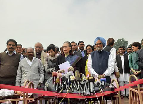 Congress president Sonia Gandhi, Former PM Manmohan singh, AK Antony and others after a meeting with President Ram Nath Kovind on Delhi violence issue in New Delhi on Thursday.  (Photo | Shekhar Yadav, EPS)