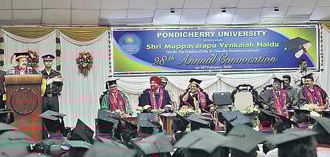 Vice President M Venkaiah Naidu addressing Pondicherry University students on Wednesday | g pattabi raman