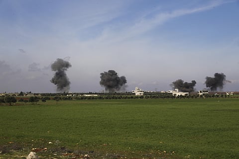 Columns of smoke raise after airstrikes hit town of Saraqeb, in Idlib province, Syria, Thursday, Feb. 27, 2020. (Photo | AP)