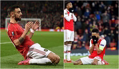 Manchester United's Bruno Fernandes and  Arsenal captain Pierre-Emerick Aubameyang  (Photos | AFP, AP)