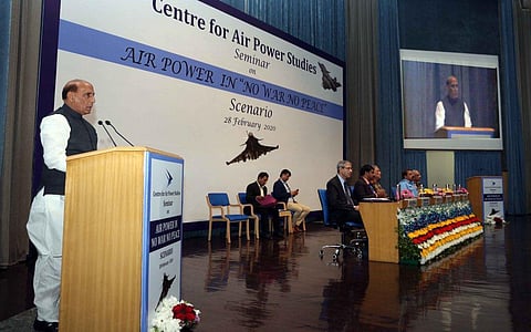 Union Defence Minister Rajnath Singh at a seminar to mark the first anniversar of the Balakot airstrike in New Delhi on Friday. (Photo | Twitter)