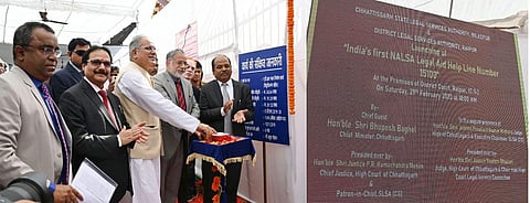 Chhattisgarh CM Bhupesh Bhagel and HC Chief Justice PR Ramchandra Menon during the launch of NALSA helpline. (Photo| EPS)