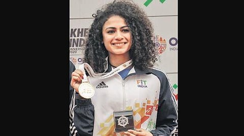 Harmilan Kaur Bains, winner of the women’s 1500m on Friday. (Photo| EPS/Irfana)