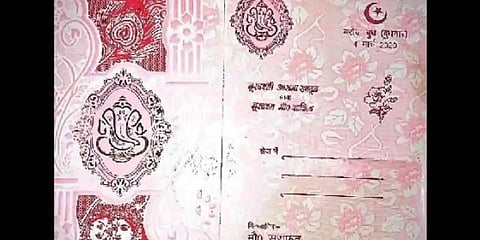 The wedding card features images of Hindu gods along with ‘Chand Mubarak.’ (Photo | Twitter)