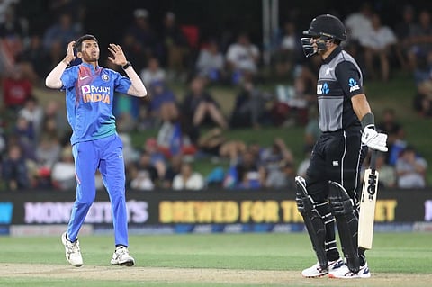 India’s Navdeep Saini reacts after bowling during the fifth Twenty20 match against New Zealand at the Bay Oval. (Photo | AFP)