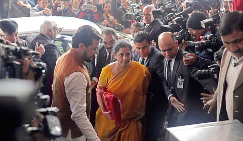 Union Finance Minister Nirmala Sitharaman arrives at parliament house with the Union Budget documents in New Delhi on Saturday. (Photo | Shekhar Yadav, EPS)