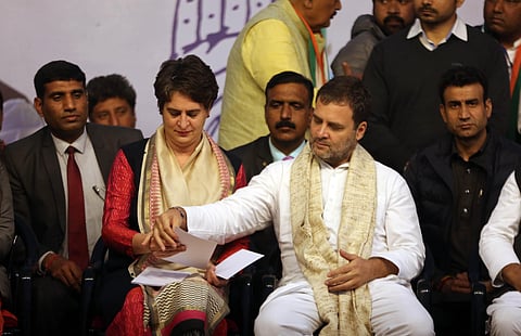 Congress leader Rahul Gandhi and Priyanka Gandhi during the Sangam vihar election rally in New Delhi on Tuesday.  (Photo | Shekhar Yadav, EPS)
