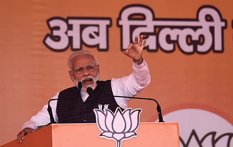 Prime Minister Narendra Modi addresses an election campaign rally at Dwarka in New Delhi. (Photo | Parveen Negi, EPS)