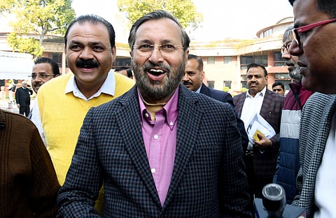 Information and Broadcasting Minister Prakash Javadekar arrives at Parliament House. (Photo| ANI)