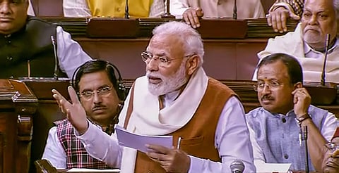 PM Narendra Modi speaks during the Motion of Thanks on the President's Address in the Rajya Sabha. (Photo| RSTV via PTI)