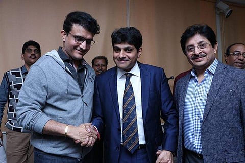 BCCI President Sourav Ganguly with newly-appointed president and secretary of Cricket Association of Bengal (CAB), Avishek Dalmiya (middle) and Snehasish Ganguly (right) respectively. (Photo | ANI)
