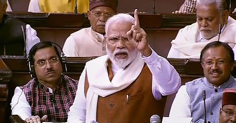 PM Narendra Modi speaks during the Motion of Thanks on the President's Address in the Rajya Sabha. (Photo| RSTV via PTI)
