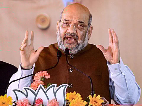 Amit Shah addresses an election rally. (Photo | PTI)