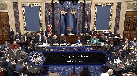 In this image from video, the vote total, 53-47 for not guilty, on the second article of impeachment, obstruction of congress, is displayed on screen during the impeachment trial against President Donald Trump in the Senate at the U.S. Capitol in Washingt