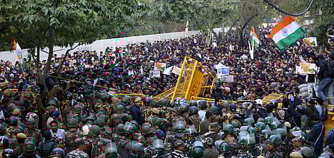 Students try to breach the police barricading during thier protest march against the Citizenship Amendment Act and National Register of Citizens near Jamia Millia Islamia university in New Delhi Thursday Jan. 30 2020. (Photo | Shekhar Yadav/EPS)