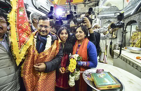 Delhi Chief Minister Arvind Kejriwal at the Hanuman Mandir. (Photo| PTI)