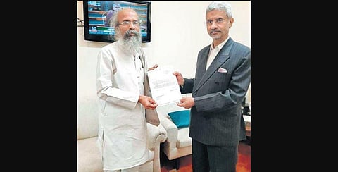 Pratap Sarangi with External Affairs Minister S Jaishankar on Thursday I Express