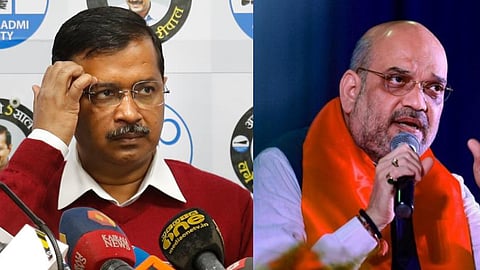 Fomer Delhi CM and AAP chief Arvind Kejriwal (L) and Union Home Minister Amit Shah (Photo | AP and PTI)