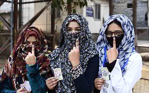 First time voters after casting their vote at Shaheen Bagh area during the Delhi assembly elections. (Photo | Parveen Negi, EPS)