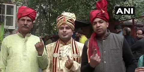 Dhananjay Dhyani came to the polling station along with the baarat to the polling booth and also asked them to vote. (Photo | ANI)