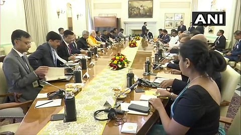 Prime Minister of Sri Lanka Mahinda Rajapaksa and Prime Minister Narendra Modi hold delegation level talks at Hyderabad House.