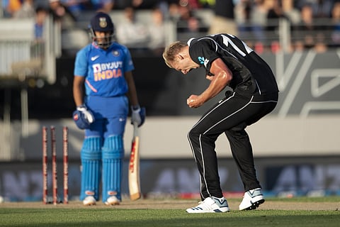 New Zealand's Kyle Jamieson celebrates the wicket of India's Prithvi Shaw during the second ODI. (Photo | AP)
