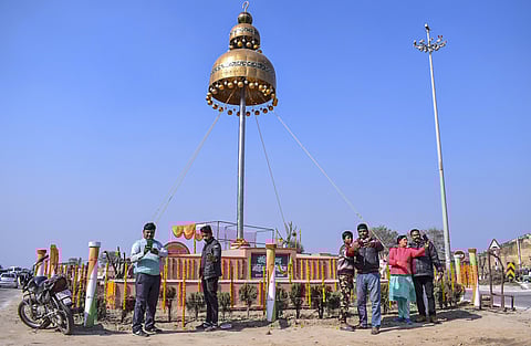 A view of the 20ft high dangler ' Bareilly ka Jhumka at Parsa Khera zero-point roundabout on National Highway 24 in Bareilly.  (Photo | PTI)