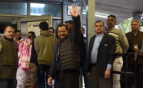 Delhi Chief Minister Arvind Kejriwal before casting his vote at a polling station during the Delhi State Assembly Elections in New Delhi on Saturday. (Photo | Parveen Negi/EPS)