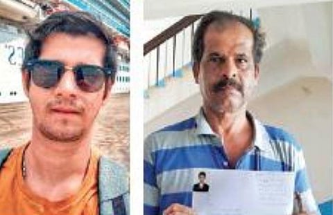 Abhishek, who is stuck on the quarantined cruise; (right) His father Balakrishna Moger with the memorandum he submitted to the Uttara Kannada DC. | Express