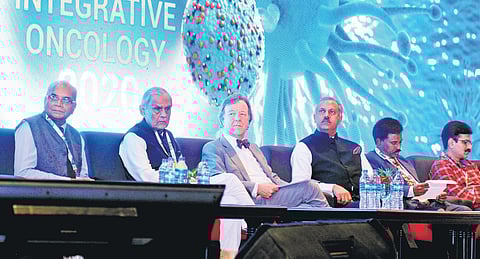 Dr Eswaradas, GHF chairman, Dr Pradeep Narang, Sri Aurobindo Society Bengaluru chairman, Dr Michael Dixon, Chair-College of Medicine and Integrated Health, UK, Dr Issac Mathai, Soukya Holistic Clinic chairman, Dr K Velavan, radiation oncologist, and Dr K 