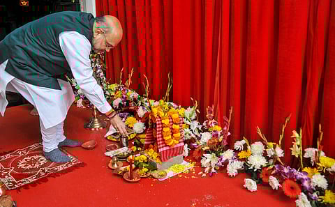 Union Home Minister Amit Shah offers prayers during the inauguration of a new building of the National Security Guards at Rajarhut on the outskirts of Kolkata Sunday. (Photo | PTI)