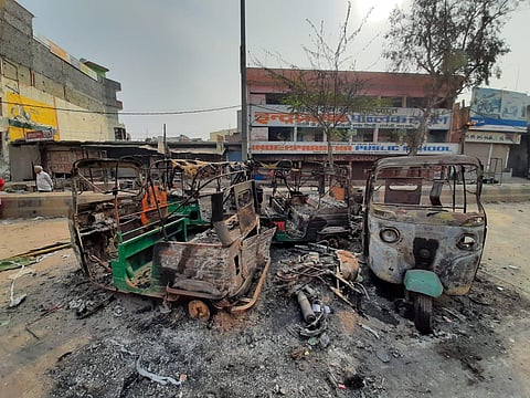 Autorickshaws completely gutted in the Khajuri Khas area of Delhi. (Photo | Shekhar Yadav, EPS)