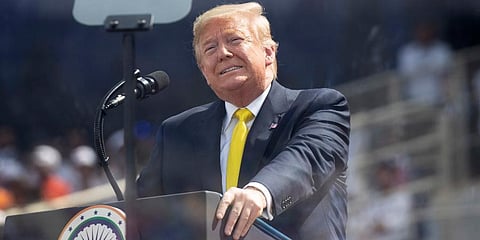 US President Donald Trump speaking during a 'Namaste Trump' event at Sardar Patel Gujarat Stadium. (Photo | AP)