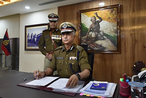 Delhi Police Special Commissioner SN Srivastava takes charge as the new Police Commissioner of Delhi as outgoing Delhi Police Commissioner Amulya Patnaik looks on in New Delhi Saturday Feb. 29 2020. (Photo | PTI)