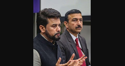 MoS for Finance and Corporate Affairs Anurag Thakur addresses a presser during an interactive session organised by Income Tax department in Chandigarh Sunday. (Photo | PTI)