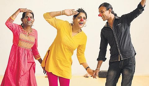 The transwomen taking part in a clowning workshop to learn how  to act out the Hasya (laughter) part of the play