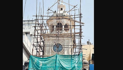 The age-old Raja Rai Rayan Devdi Gadiyal popularly known as Shah Ali Banda clock tower getting a face lift | Vinay Madapu