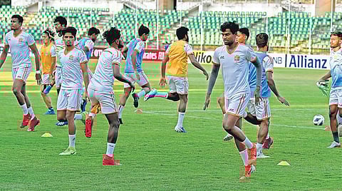 Chennai City FC players during a training session on Tuesday | EXPRESS
