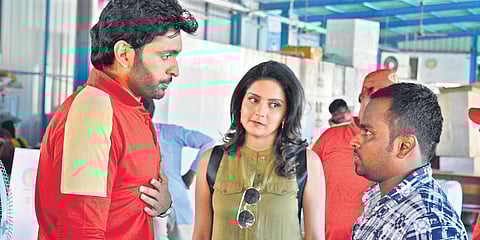 Vikram Prabhu (L) in the sets of 'Asuraguru'.