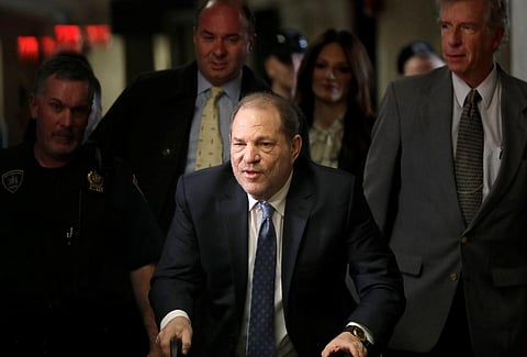 Harvey Weinstein arrives at a Manhattan courthouse for jury deliberations in his rape trial, Monday, Feb. 24, 2020, in New York. (Photo | AP)
