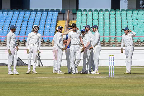 Saurashtra bowler Chirag Jani celebrates after taking wicket of Bengal batsman Manoj Tiwary during the Ranji Trophy final match. (Photo | PTI)