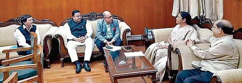 A delegation of BJD MPs meeting Nirmala Sitharaman in New Delhi on Wednesday