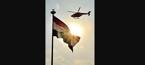 A helicopter at the rehearsal of Wings India-2020 at Begumpet airport, Hyderabad on Wednesday. The four-day event, Asia’s largest in civil aviation starts from Thursday. (Photo | Vinay Madapu, EPS)