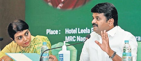 Health Minister C Vijaya Baskar and health secretary Beela Rajesh during an interactive session on preventive measures to check spread of COVID-19, in the city on Thursday | Tharun Mani
